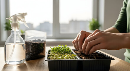 Hands planting microgreens in a tray with a spray bottle and seeds in the background, indoor gardening activity