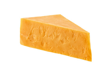 piece of cheddar cheese isolated on a white background.