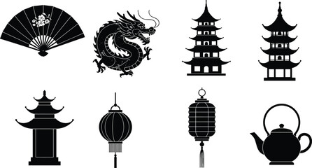 Traditional Chinese cultural symbols vector set, dragon, pagoda, teapot, lanterns, oriental fan, ancient architecture, heritage, Asian design elements