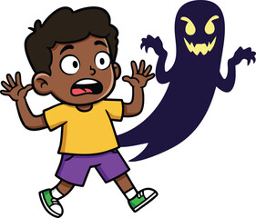 Naklejka premium Scared Boy Running Away From Evil Shadow Ghost Cartoon Illustration in Yellow Shirt and Purple Shorts 