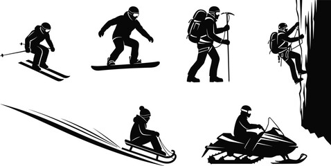 Winter sports icons set, including skiing, snowboarding, mountain climbing, sledding, snowmobiling, outdoor adventure, black silhouette, vector illustrations