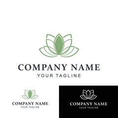 Elegant green lotus flower logo design with company name and tagline, presented in multiple variations.