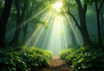 Obraz premium lush forest canopy morning sunlight nature serenity greenery illumination peaceful atmosphere vibrant foliage, trees, leaves, shade, woodland, vegetation