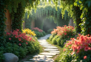 lush garden pathways stone accents colorful blooms tranquil oasis vibrant flora serene natural walkways greenery, flower, landscape, nature, scenic, plant