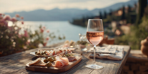Garda Classico DOC wine, delicate pink rosé in transparent glass, served with antipasti on rustic wooden table, view of Garda lake in background © marini