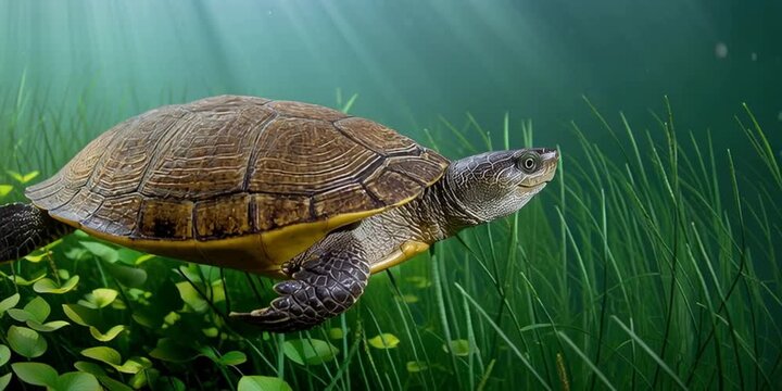 A hard-shell turtle is exploring his natural habitat