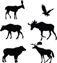 Silhouette Showcase of North American Wildlife Black figures against a White backdrop Illustrating Various Animals in Distinctive Poses and Actions