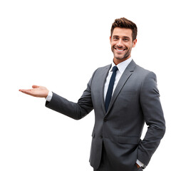 A smiling businessman in a gray suit extends his hand as if presenting something looking directly at the viewer with a confident expression