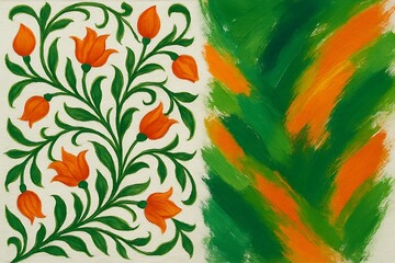 Vibrant floral design with orange tulips and green accents on a textured background