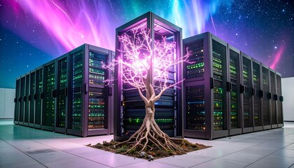 Data Center Servers with Growing Tree and Aurora Sky Background