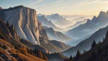 Breathtaking Mountain Landscape at Sunrise with Fog Rolling Through a Serene Valley