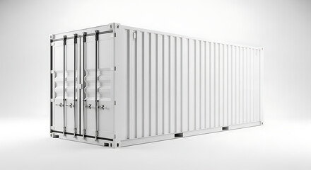 White Shipping Container in Minimal Setting Featuring Corrugated Metal Surface, Double Doors, Industrial Design, and Global Logistics Utility, 8K image 