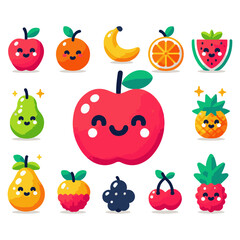 Cute fruit characters with happy faces, perfect for kids' products and vibrant designs, joyful and playful