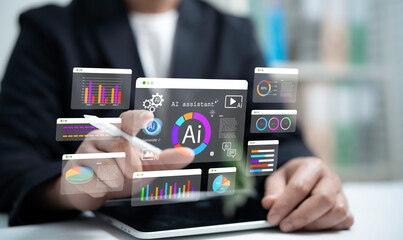 Businessman using tablet with AI assistant analytics dashboard and holographic charts representing business intelligence data visualization digital strategy and modern technology for corporate success