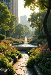 Obraz premium vibrant urban garden lush greenery intricate pathways flourishing flora serenity oasis city escape, flower, landscape, bloom, plant, nature, park, vegetation, foliage