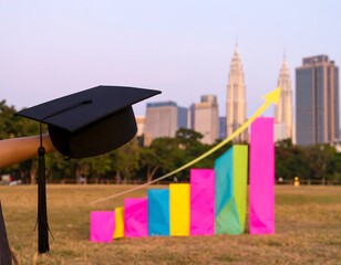 Graduation cap over colorful bar graph against city skyline