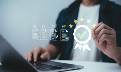 Person reviewing documents on laptop with digital check marks and certification badge icon representing quality assurance business standards compliance and successful project approval