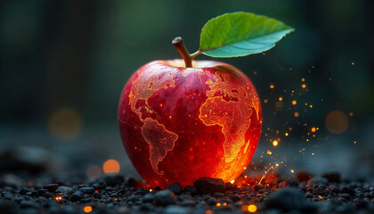 Apple shaped like planet Earth, but the surface is made of glowing magma, fiery cracks, and molten textures.