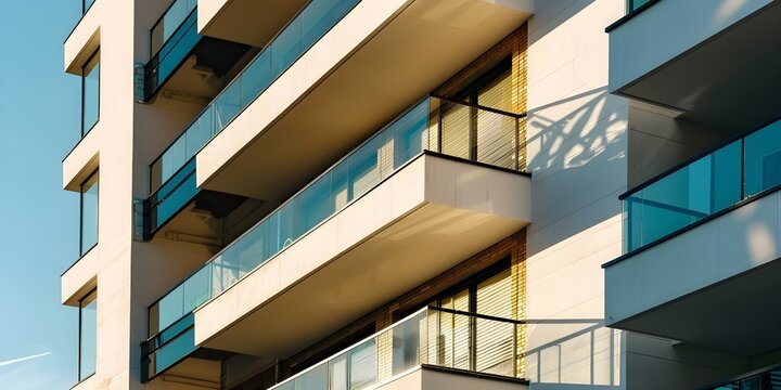 Close up of modern balcony exterior with glass railings and contemporary design details
