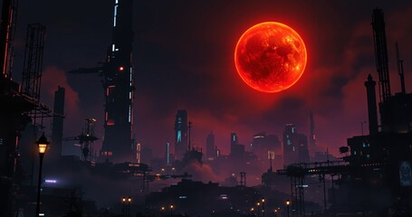 Blood Moon Over Futuristic City Halloween Background
