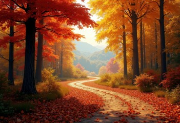 Fototapeta premium vibrant fall foliage colorful tree canopy winding forest trail nature scenic path autumn leaves, trails, woodland, orange, yellow, red, green, tranquil
