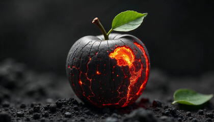 Apple shaped like planet Earth, but the surface is made of glowing magma, fiery cracks, and molten textures.