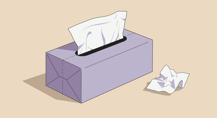 Tissue box with tissues coming out of the top and one crumpled tissue on the side isolated on white background