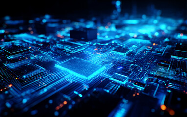 Close-up view of a modern electronic circuit board with blue lights