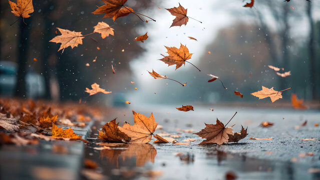 Autumn leaves dance and swirl in a gust of wind on a rainy day