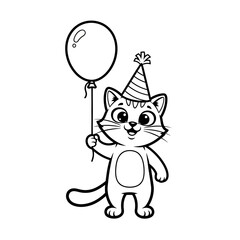 Cute Cartoon Cat with Party Hat and Balloon
