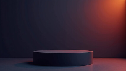 sleek black podium stands atop matte black surface illuminated warm orange lavender hues dramatic minimalist halloween
