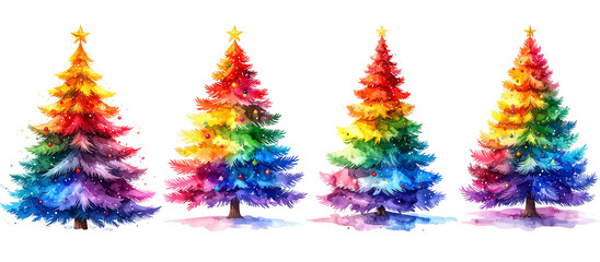 Watercolor rainbow Christmas trees. Colorful and festive holiday illustration set