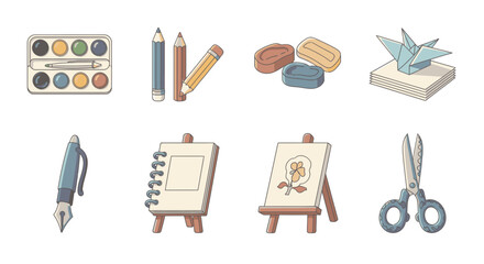 A charming collection of illustrated icons representing art supplies, stationery, and creative hobbies. Vector set for artistic and educational concepts
