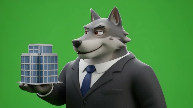 Cartoon wolf businessman holds building