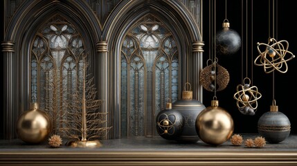 Retro-futuristic christmas background featuring golden ornaments and gothic architecture for holiday decor