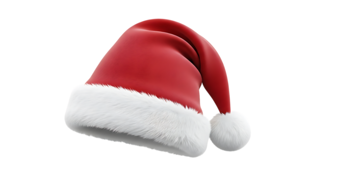 A classic red santa hat with white trim and a fluffy pompom, isolated on a transparent background, perfect for christmas and holiday themes