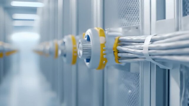 Data Center Server Racks with Cables and Connections in a White Background