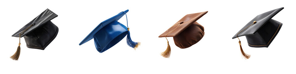 Set of Elegant 3D rendering of a graduation cap with flying tassel, isolated on a transparent background.