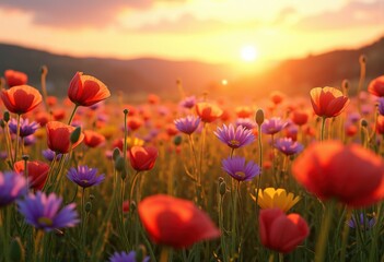 Fototapeta premium vibrant wildflower fields captured under golden sunrise glow freely dancing palette, nature, landscape, meadow, flora, bloom, grass, colorful, daisy