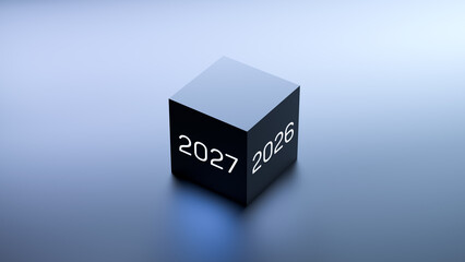 2026-2027 neon digits, year on a cube. Glowing change from 2026 to 2027, planning, goal, annual event, date, concept of 2027, wallpaper. 3D render