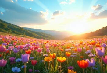 Obraz premium vibrant wildflower fields under stunning azure sky colorful blossoms lush greenery scenic nature landscape, bloom, spring, scenery, petal, plant, meadow, vista