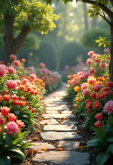 vibrant flowerbeds colorful blooms textured stone pathways creating enchanting garden landscape, petal, greenery, plant, blossom, flora, outdoor, dirt, rock, park