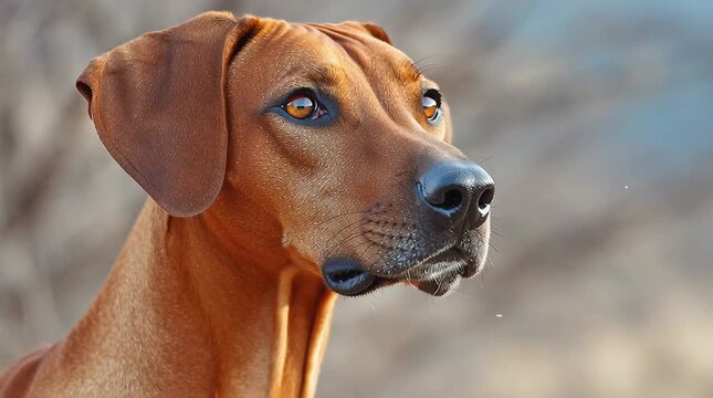 Rhodesian ridgeback brown dog short hair alert outdoor closeup canine mammal pet animal intelligent loyal companion strong build smooth coat attentive large breed expressive portrait natural light