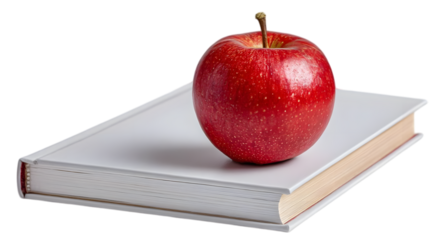One red apple is placed on a book, isolated on a transparent background.