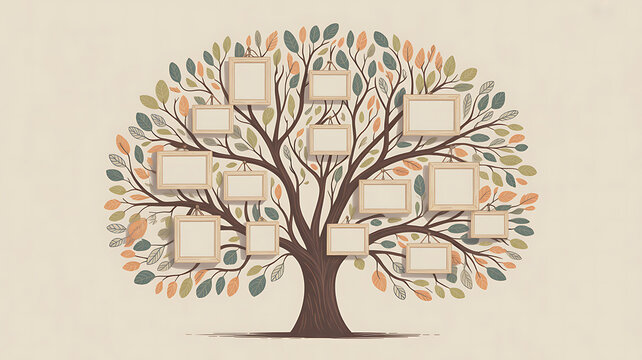 Decorative family tree illustration with blank photo frames and leaves