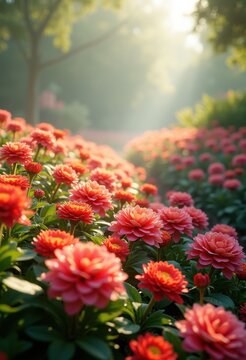 vibrant garden blooming lush flowers colorful beds misty morning dew dreamy nature beauty fresh growth, landscape, plant, pedal, blossom, leafy, flora, spring