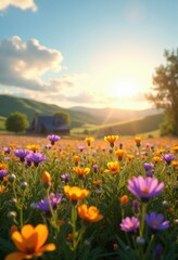 vibrant wildflowers blooming sunlit rural field expressing beauty tranquility, nature, sunlight, petal, grass, meadow, colorful, landscape, scenic, spring