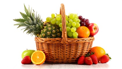 Basket of fresh assorted fruits on white background for healthy eating