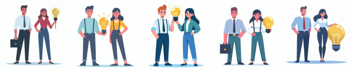 Obraz premium Flat Business Teamwork and Idea Concept with People Holding Light Bulb Illustration