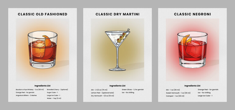 Set of Classic Cocktail Posters with Recipes - Old Fashioned, Martini, and Negroni Bar Art